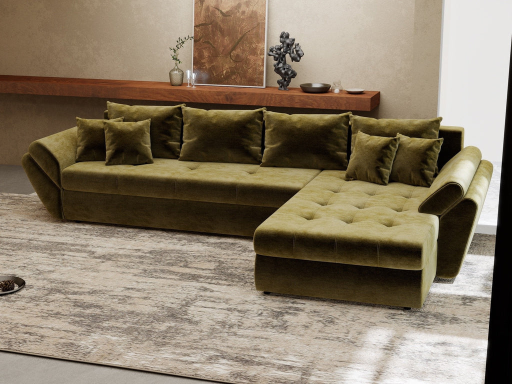 Colțar extensibil dumonde cu ladă de depozitare si sezut confortabil din spuma high-density, Loana XL Monolith Verde Olive II 335x185 cm