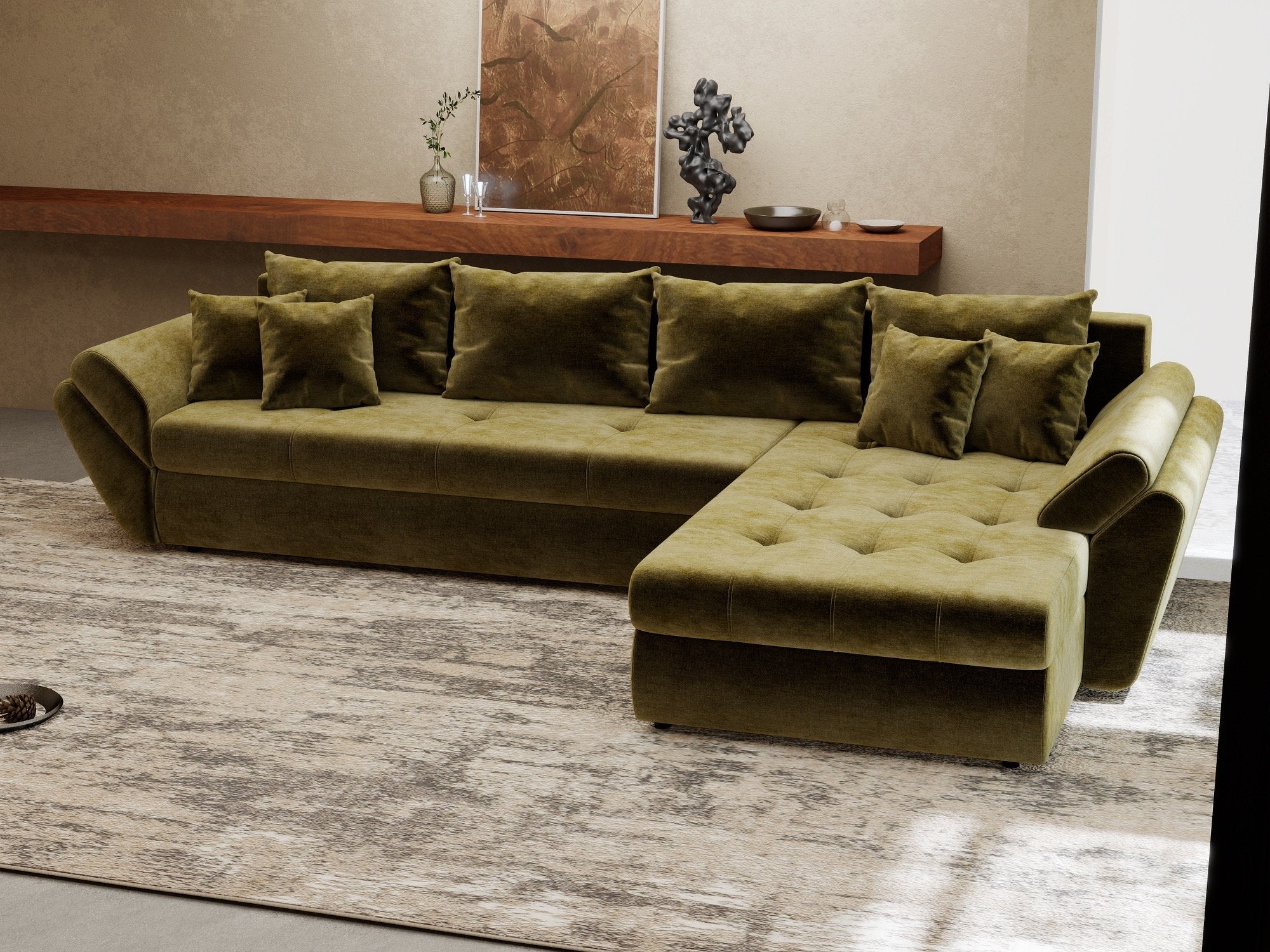 Colțar extensibil dumonde cu ladă de depozitare si sezut confortabil din spuma high-density, Loana XL Monolith Verde Olive II 335x185 cm