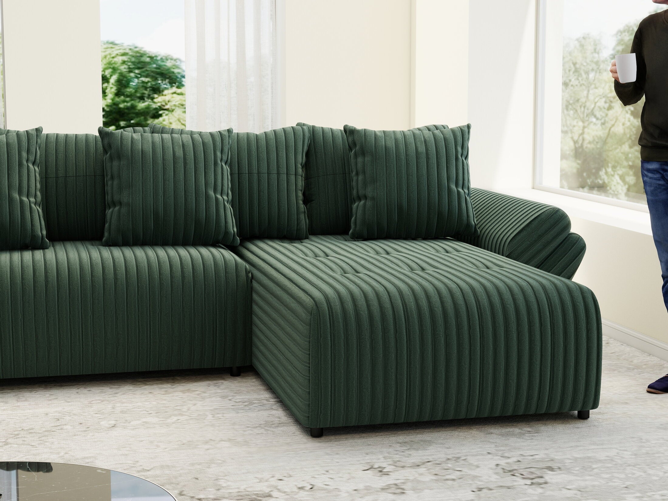 Colțar extensibil dumonde cu ladă de depozitare si sezut confortabil din spuma high-density, Berlin U Ambience Green 380x180 cm