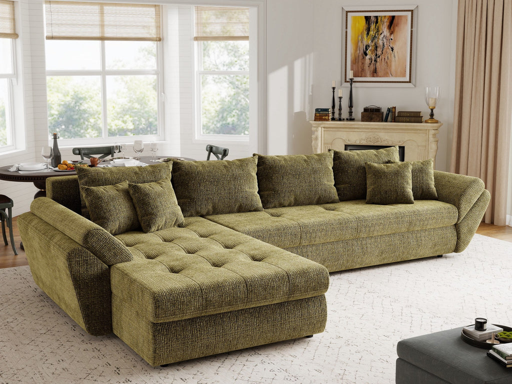 Colțar extensibil dumonde cu ladă de depozitare si sezut confortabil din spuma high-density, Loana XL Cremona Olive 335x185 cm