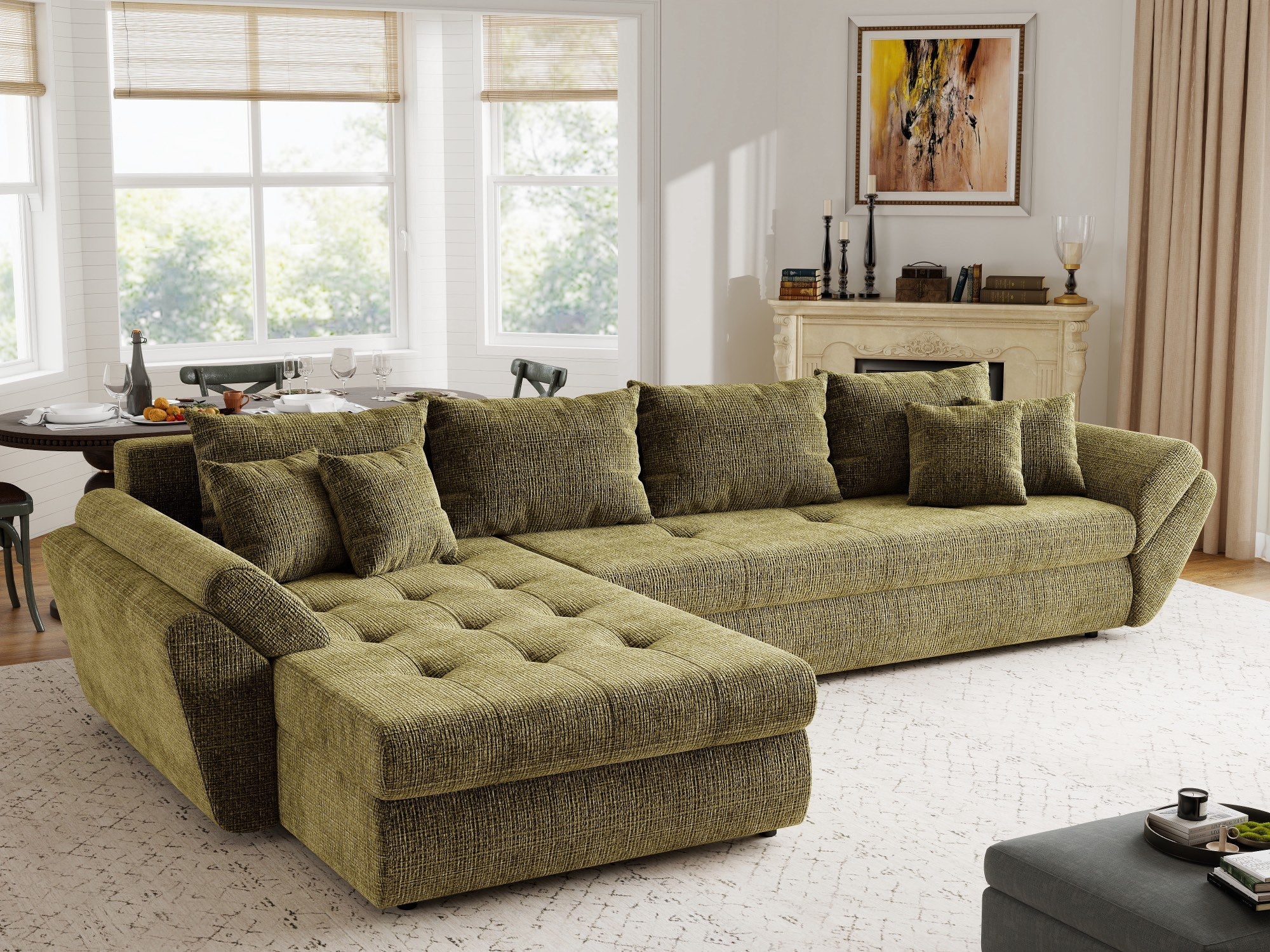 Colțar extensibil dumonde cu ladă de depozitare si sezut confortabil din spuma high-density, Loana XL Cremona Olive 335x185 cm