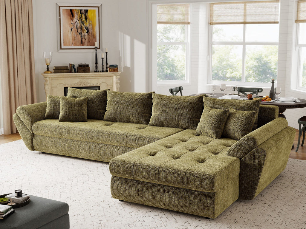 Colțar extensibil dumonde cu ladă de depozitare si sezut confortabil din spuma high-density, Loana XL Cremona Olive II 335x185 cm