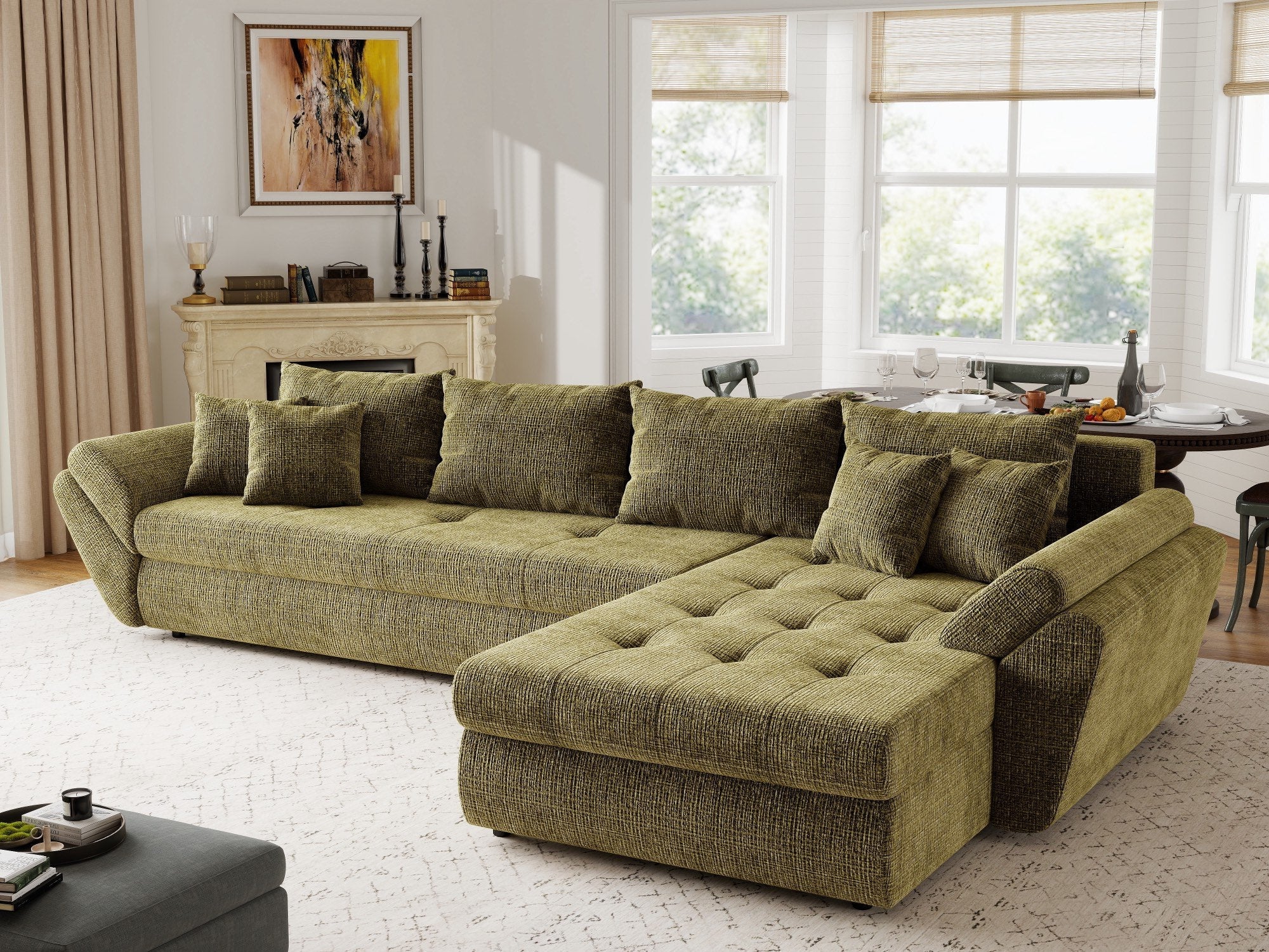 Colțar extensibil dumonde cu ladă de depozitare si sezut confortabil din spuma high-density, Loana XL Cremona Olive II 335x185 cm