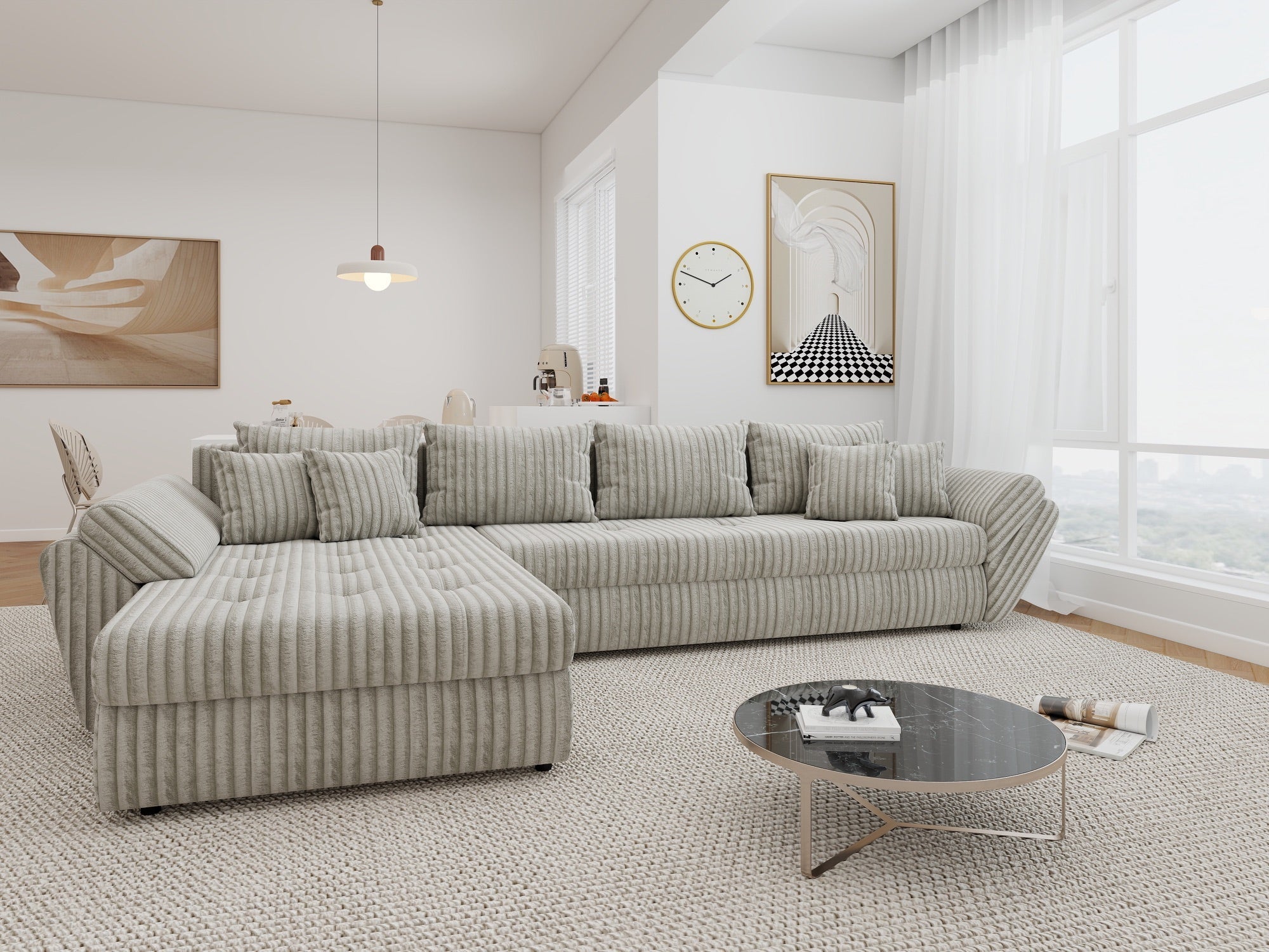 Colțar extensibil dumonde cu ladă de depozitare si sezut confortabil din spuma high-density, Loana XL Tilia Bej 08 335x185 cm