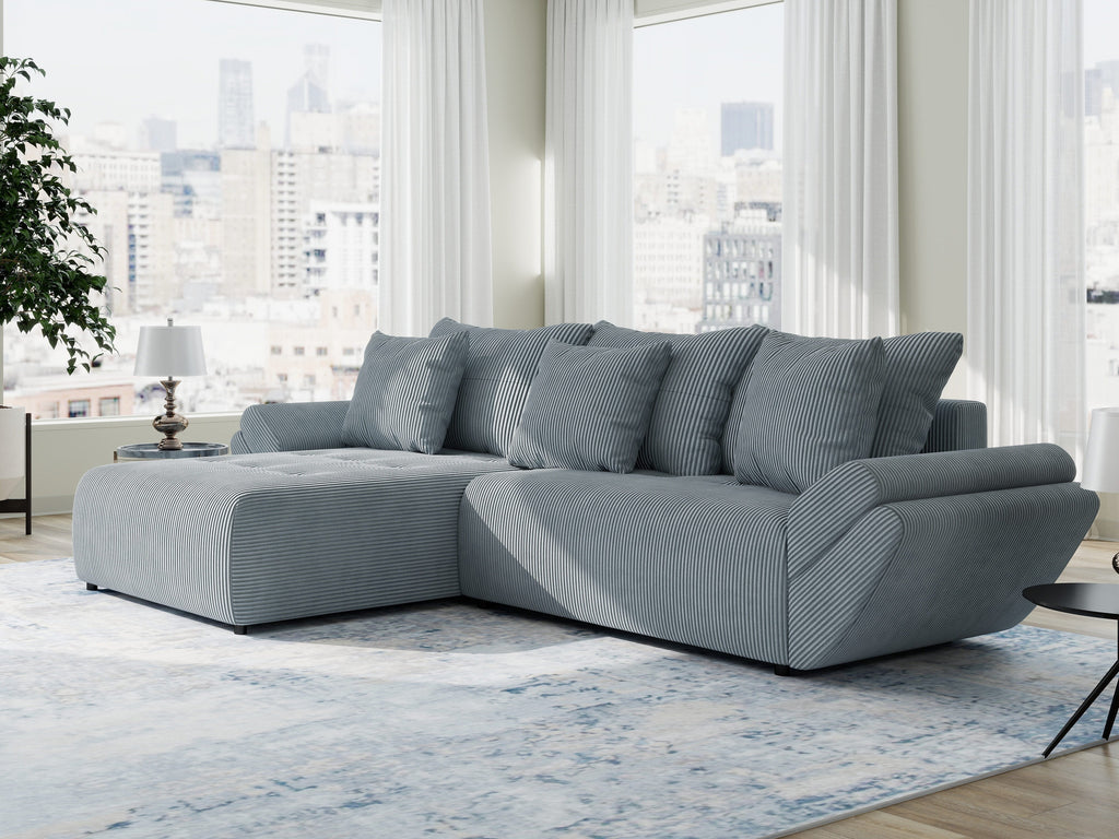 Colțar extensibil dumonde cu ladă de depozitare si sezut confortabil din spuma high-density, Berlin Zoom Gri Mint 280x185 cm