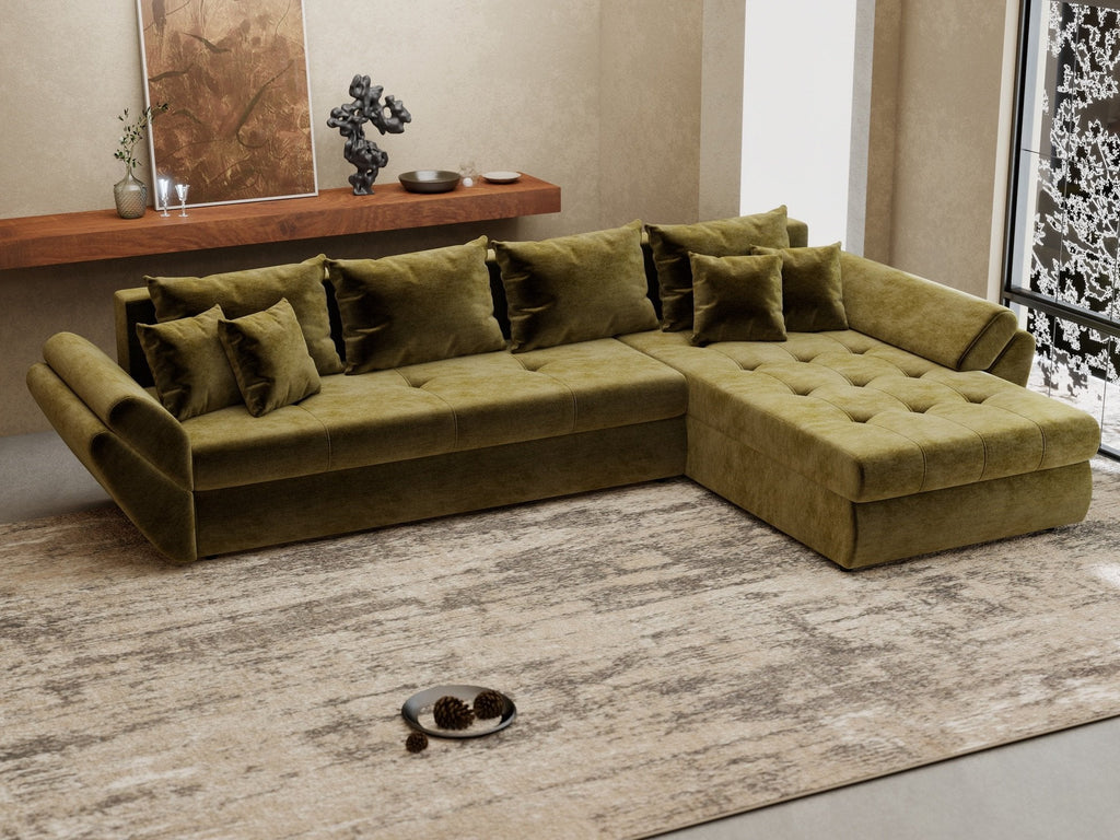 Colțar extensibil dumonde cu ladă de depozitare si sezut confortabil din spuma high-density, Loana XL Monolith Verde Olive II 335x185 cm