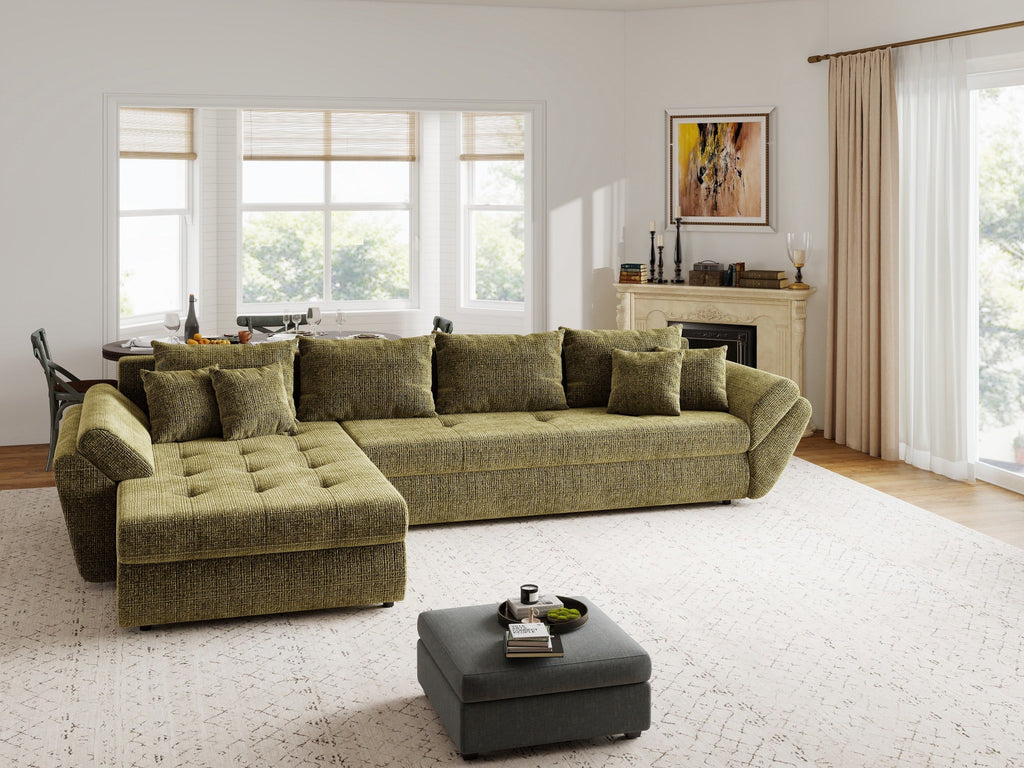 Colțar extensibil dumonde cu ladă de depozitare si sezut confortabil din spuma high-density, Loana XL Cremona Olive 335x185 cm