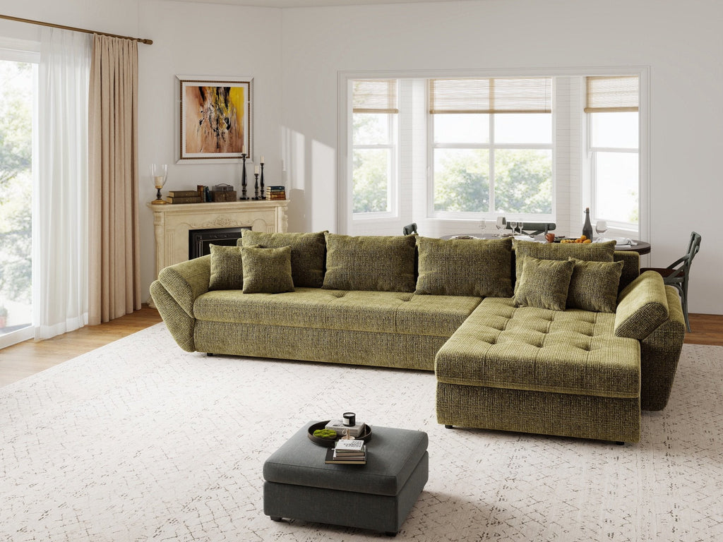 Colțar extensibil dumonde cu ladă de depozitare si sezut confortabil din spuma high-density, Loana XL Cremona Olive II 335x185 cm
