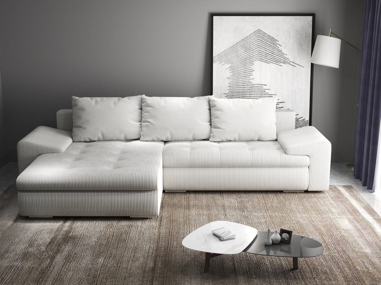 Colțar extensibil dumonde cu ladă de depozitare si sezut confortabil din spuma high-density, Leonardo Zoom Crem 260x185 cm