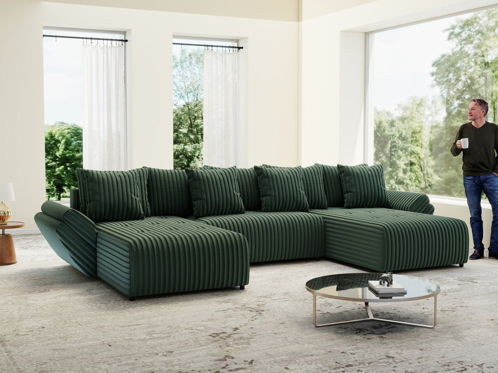 Colțar extensibil dumonde cu ladă de depozitare si sezut confortabil din spuma high-density, Berlin U Ambience Green 380x180 cm