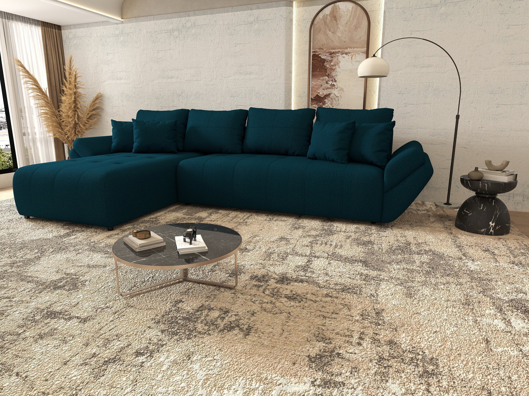 Colțar extensibil dumonde cu ladă de depozitare si sezut confortabil din spuma high-density, Berlin XL Enjoy Petrol 350x185 cm