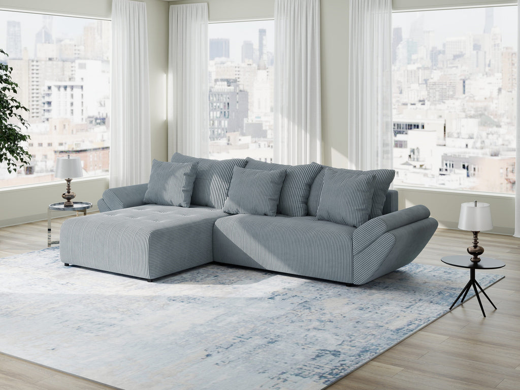 Colțar extensibil dumonde cu ladă de depozitare si sezut confortabil din spuma high-density, Berlin Zoom Gri Mint 280x185 cm