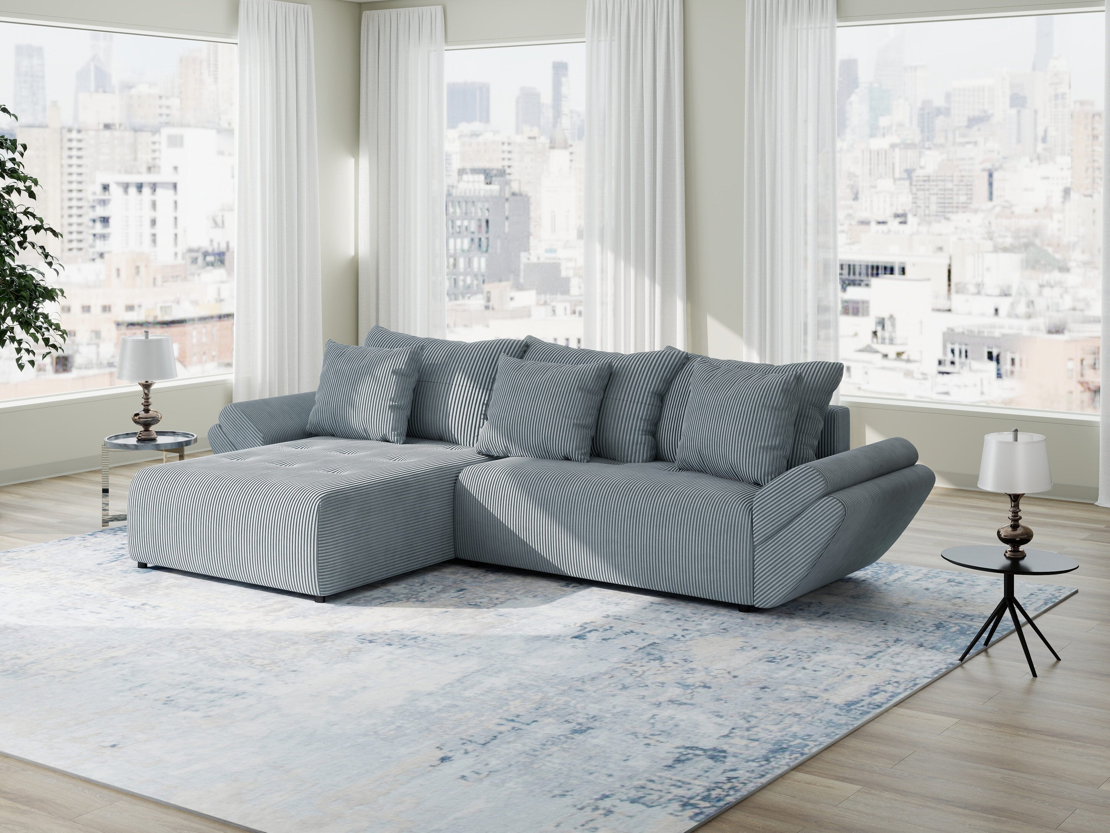 Colțar extensibil dumonde cu ladă de depozitare si sezut confortabil din spuma high-density, Berlin Zoom Gri Mint 280x185 cm
