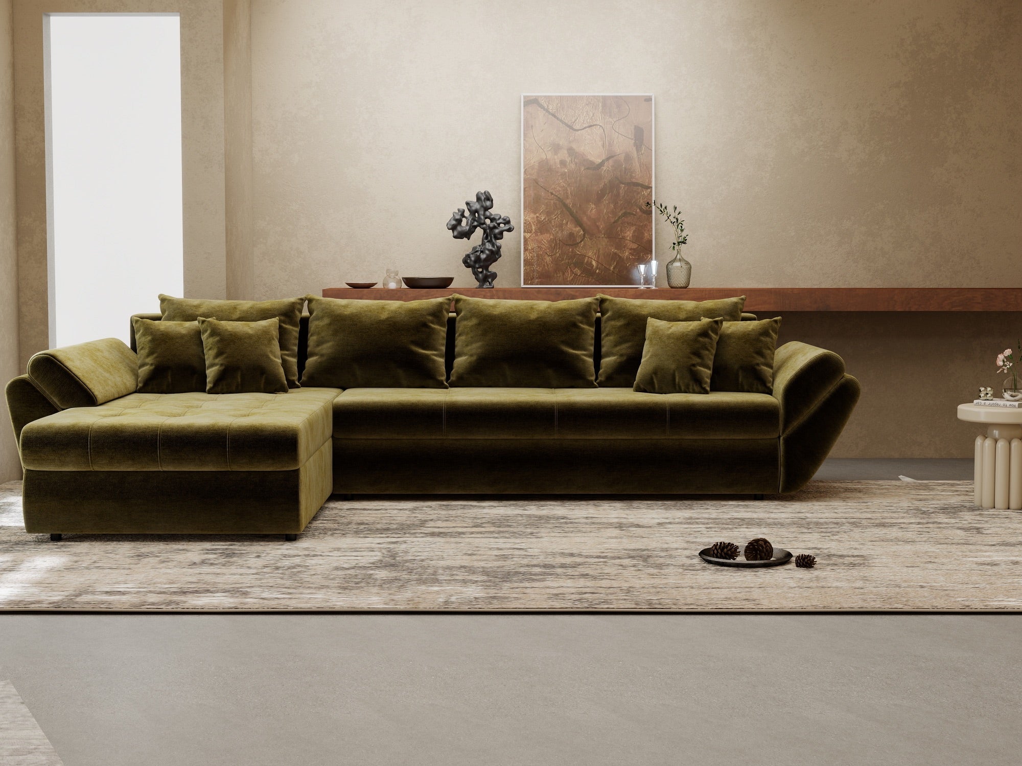 Colțar extensibil dumonde cu ladă de depozitare si sezut confortabil din spuma high-density, Loana XL Monolith Verde Olive 335x185 cm