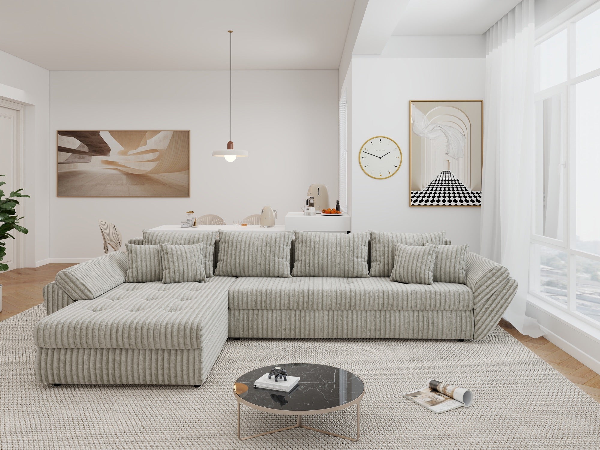 Colțar extensibil dumonde cu ladă de depozitare si sezut confortabil din spuma high-density, Loana XL Tilia Bej 08 335x185 cm