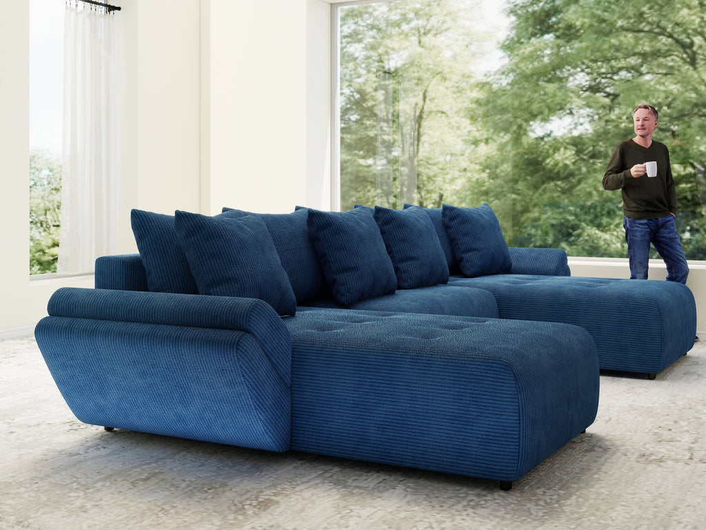Colțar extensibil dumonde cu ladă de depozitare si sezut confortabil din spuma high-density, Berlin U Zoom Blue 380x180 cm