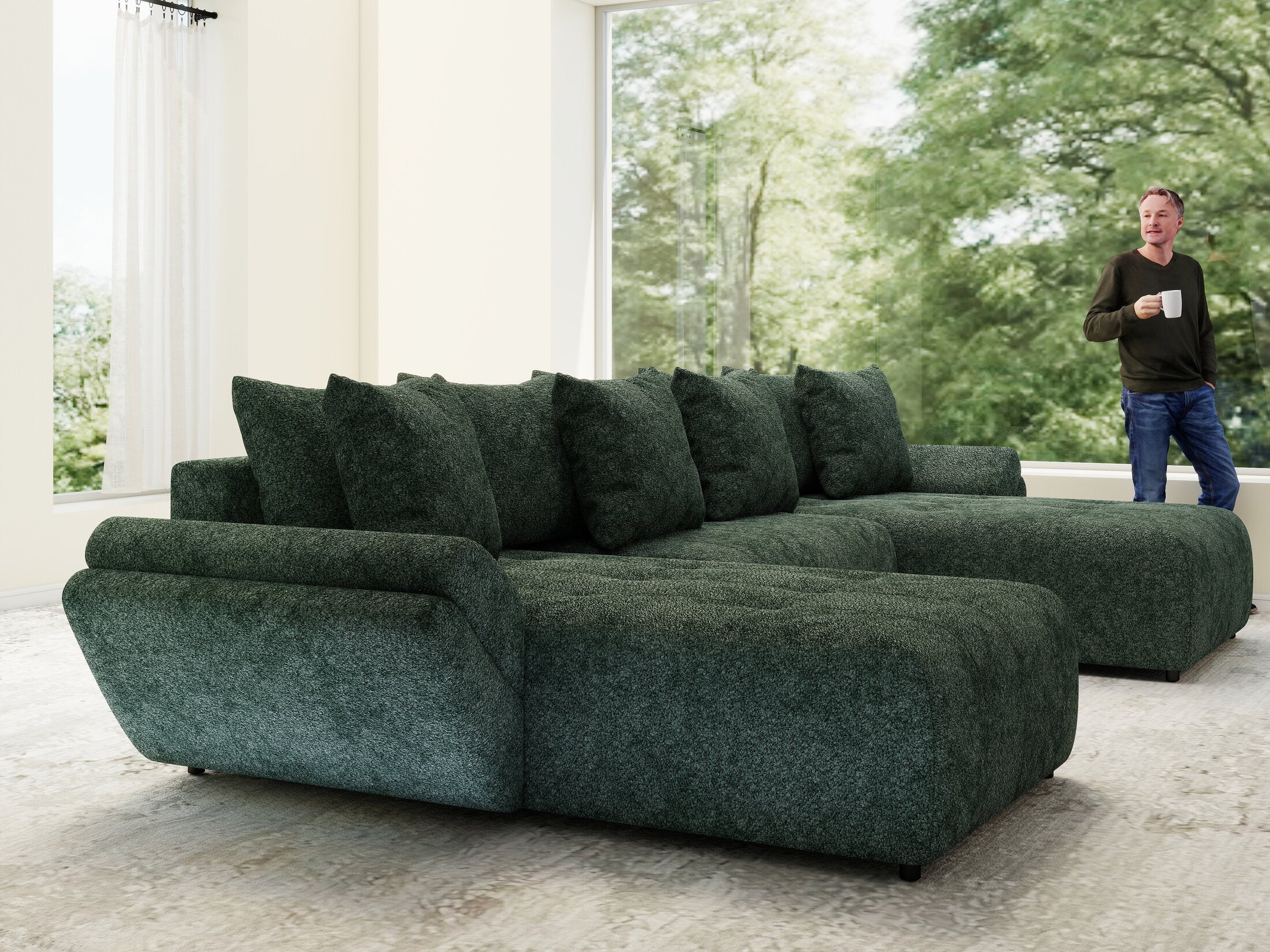 Colțar extensibil dumonde cu ladă de depozitare si sezut confortabil din spuma high-density, Berlin U Euphoria Verde 380x180 cm