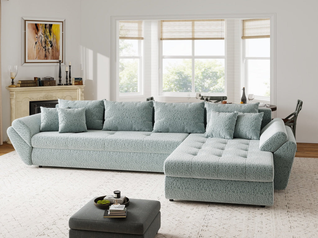 Colțar extensibil dumonde cu ladă de depozitare si sezut confortabil din spuma high-density, Loana XL Jaguar Verde Mint II 335x185 cm