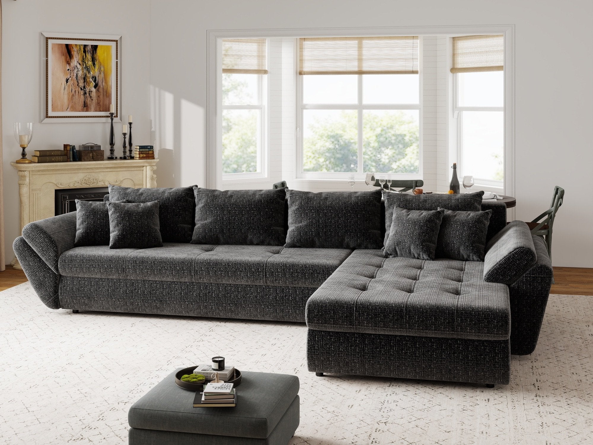 Colțar extensibil dumonde cu ladă de depozitare si sezut confortabil din spuma high-density, Loana XL Cremona Gri Antracit II 335x185 cm