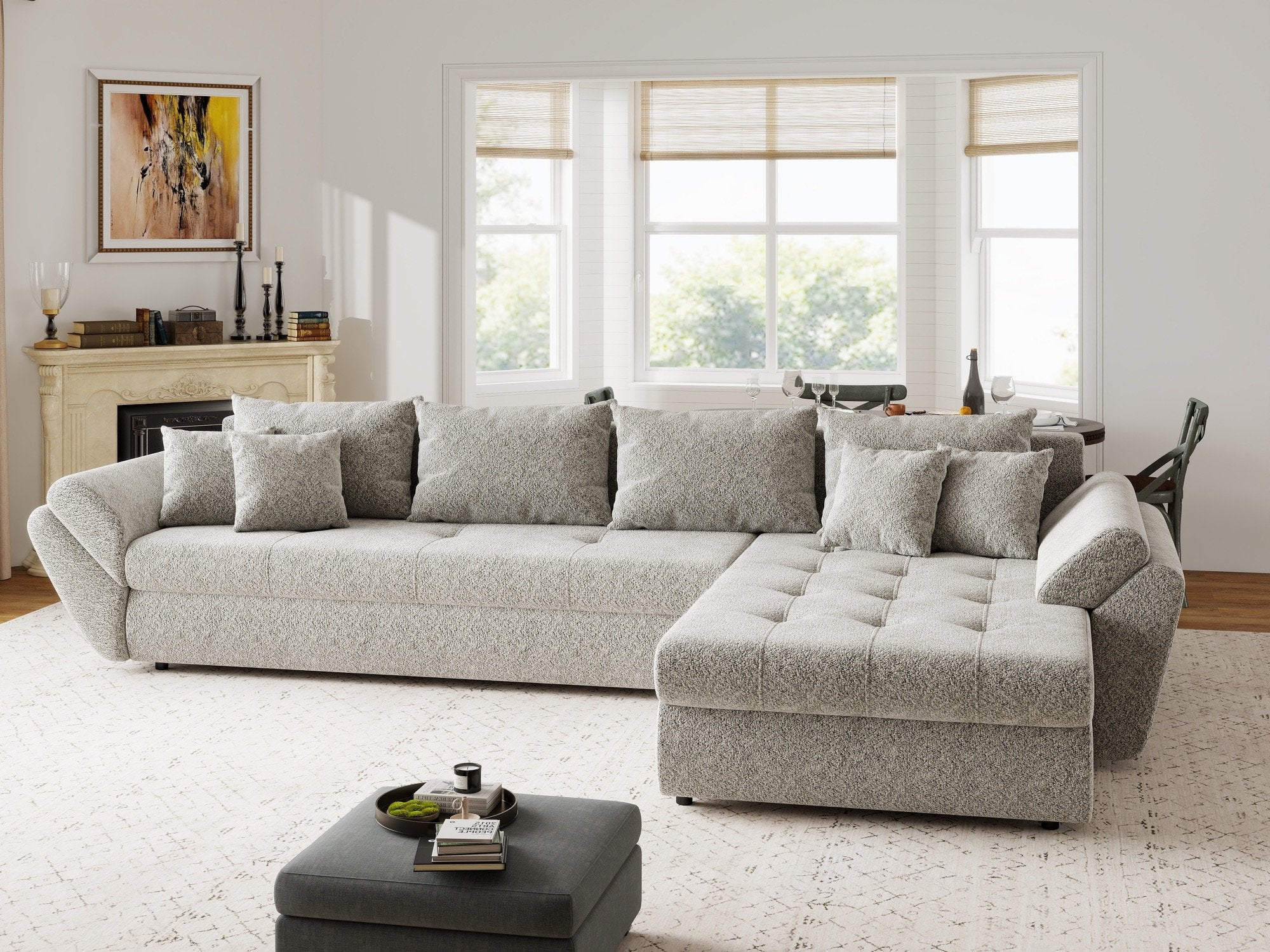 Colțar extensibil dumonde cu ladă de depozitare si sezut confortabil din spuma high-density, Loana XL Arena Bej 02 II 335x185 cm