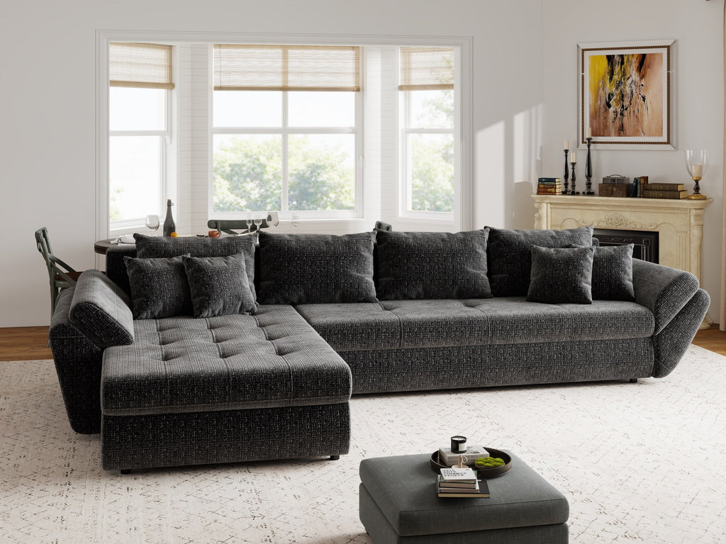 Colțar extensibil dumonde cu ladă de depozitare si sezut confortabil din spuma high-density, Loana XL Cremona Gri Antracit 335x185 cm