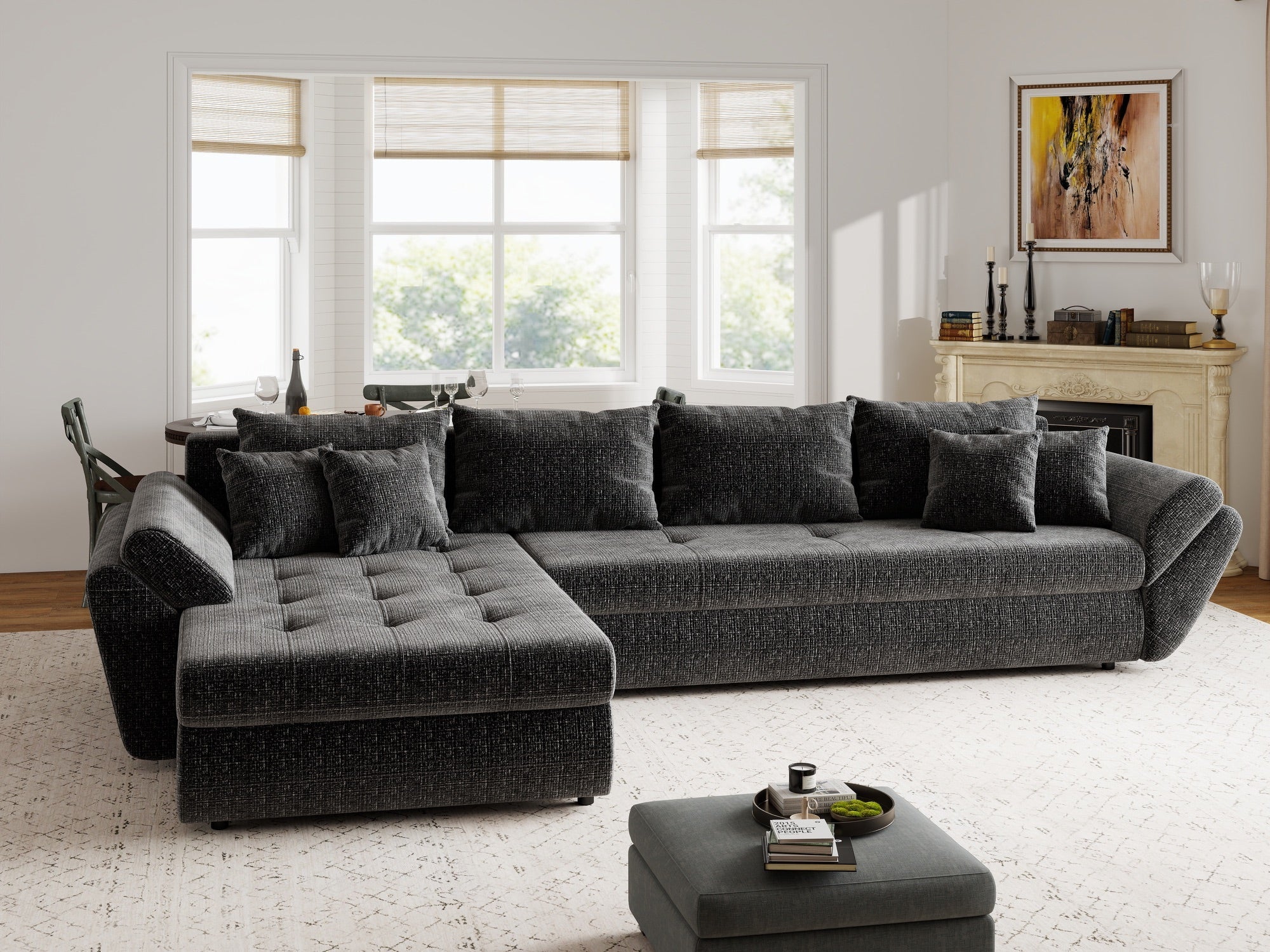 Colțar extensibil dumonde cu ladă de depozitare si sezut confortabil din spuma high-density, Loana XL Cremona Gri Antracit 335x185 cm