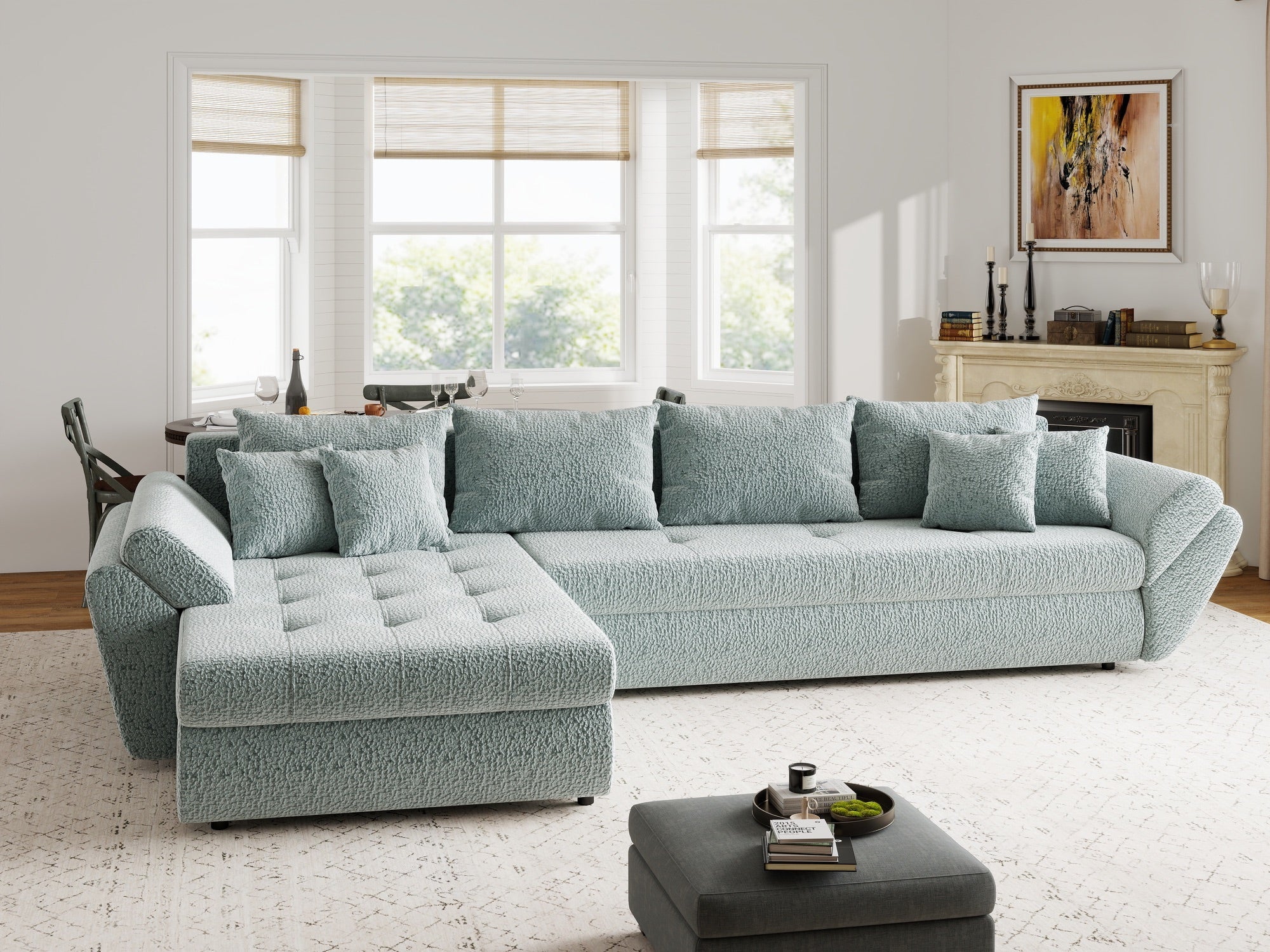 Colțar extensibil dumonde cu ladă de depozitare si sezut confortabil din spuma high-density, Loana XL Jaguar Verde Mint 335x185 cm