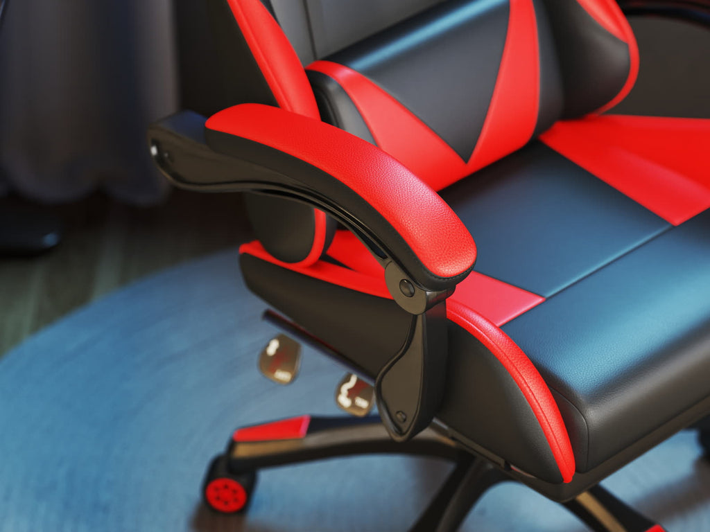 Scaun gaming Dumonde RIFT, mecanism multifuncțional, ecopiele, suport picioare, rosu/negru