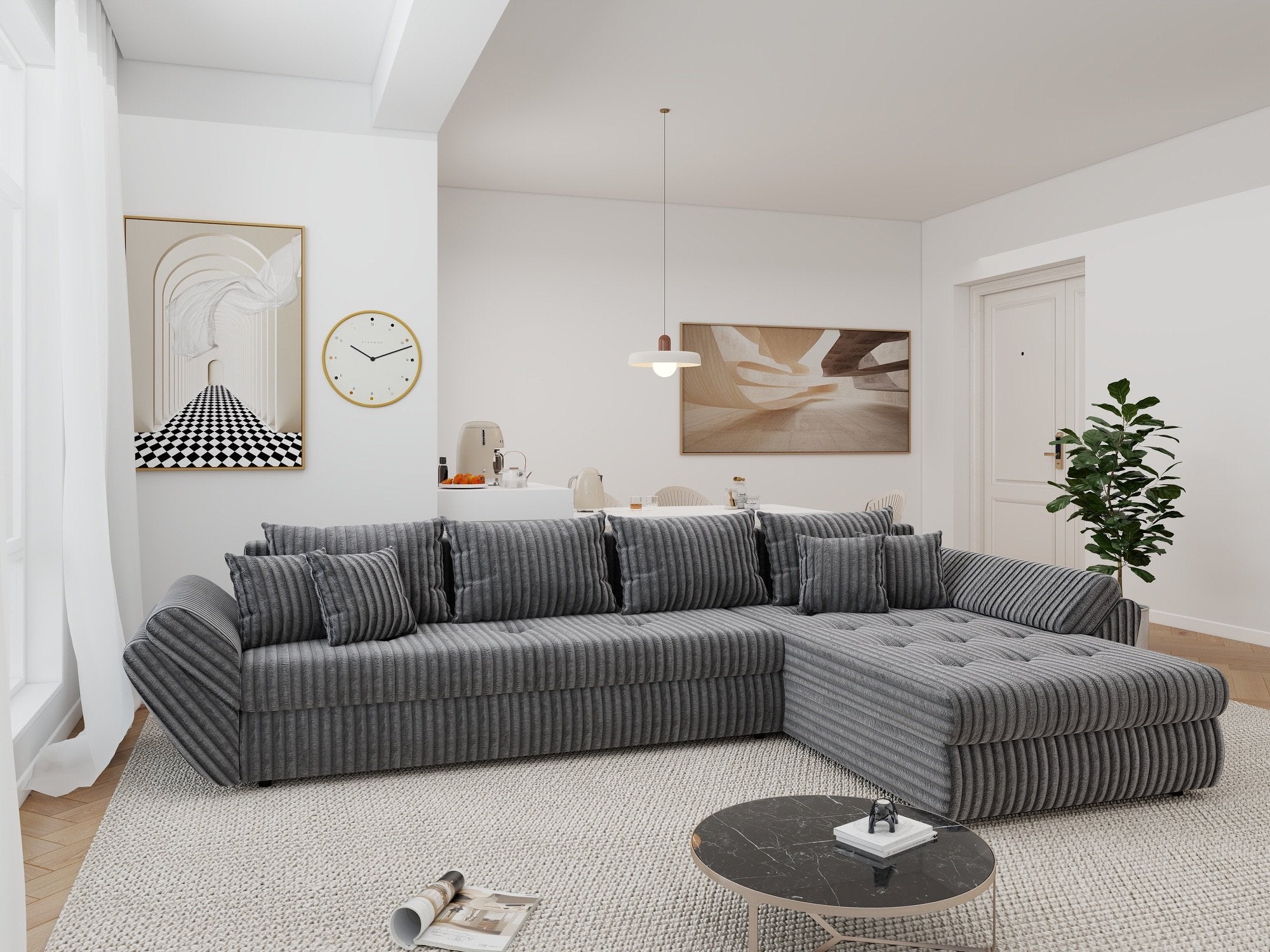 Colțar extensibil dumonde cu ladă de depozitare si sezut confortabil din spuma high-density, Loana XL Tilia Gri 90 II 335x185 cm