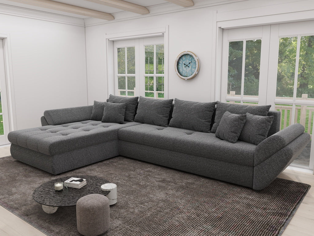 Colțar extensibil dumonde cu ladă de depozitare si sezut confortabil din spuma high-density, Loana XL Monte Gri 90 335x185 cm