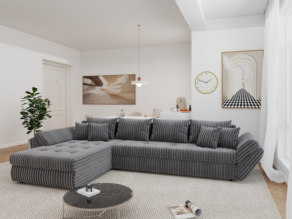 Colțar extensibil dumonde cu ladă de depozitare si sezut confortabil din spuma high-density, Loana XL Tilia Gri 90 335x185 cm