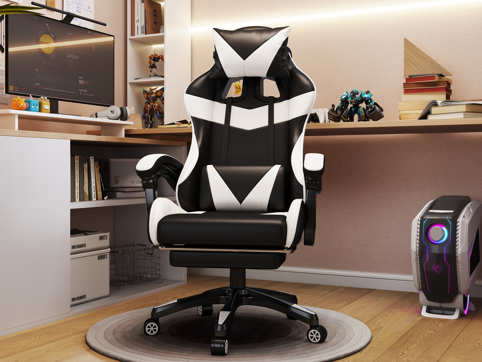 Scaun gaming Dumonde HELLION, mecanism multifuncțional, ecopiele, suport picioare, alb/negru