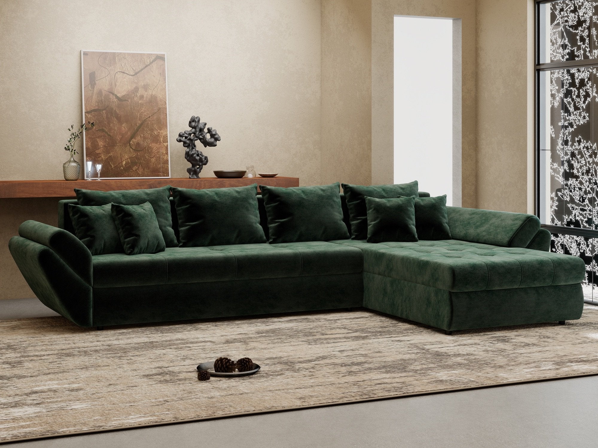Colțar extensibil dumonde cu ladă de depozitare si sezut confortabil din spuma high-density, Loana XL Monolith Verde II 335x185 cm