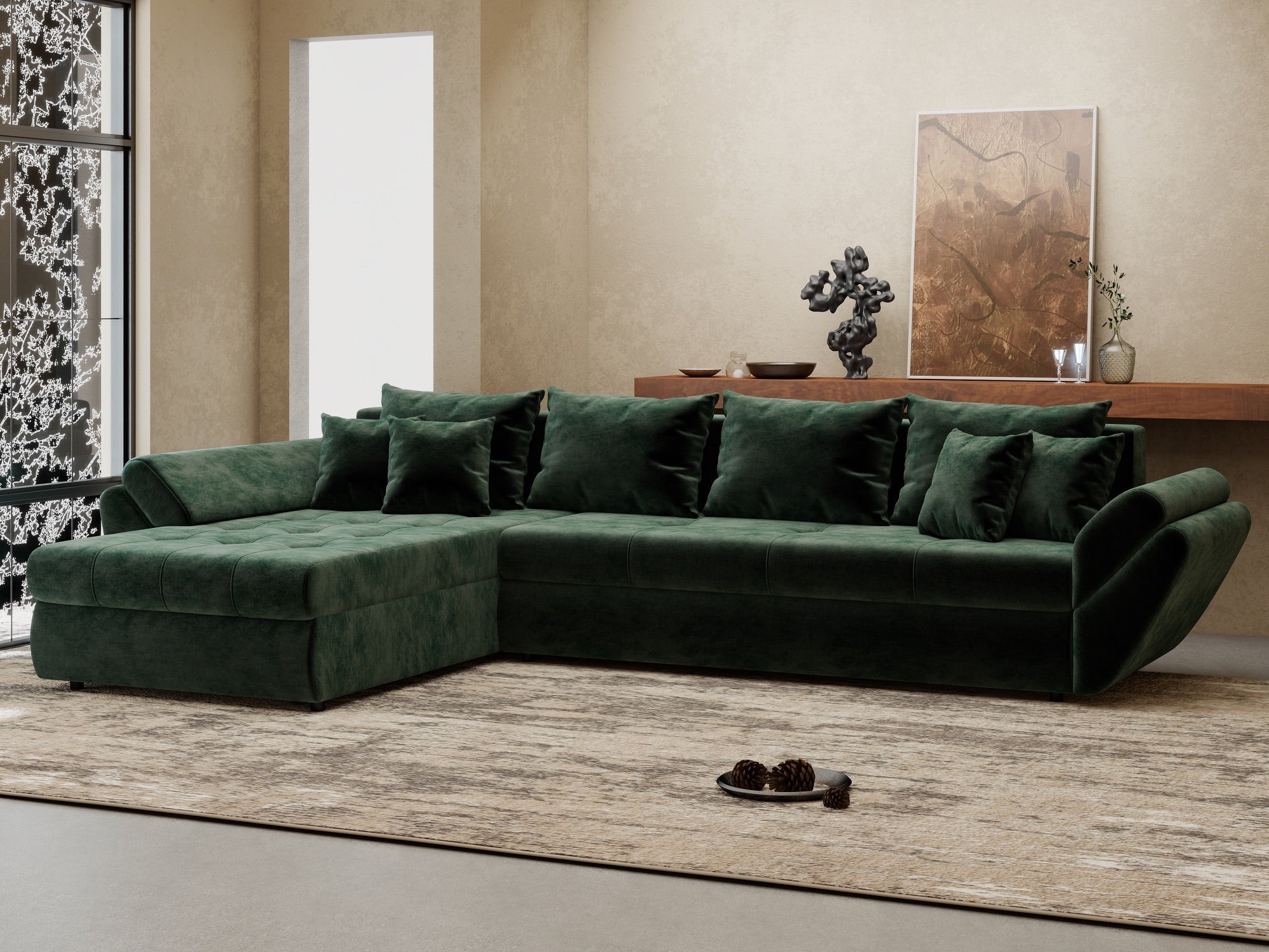 Colțar extensibil dumonde cu ladă de depozitare si sezut confortabil din spuma high-density, Loana XL Monolith Verde 335x185 cm