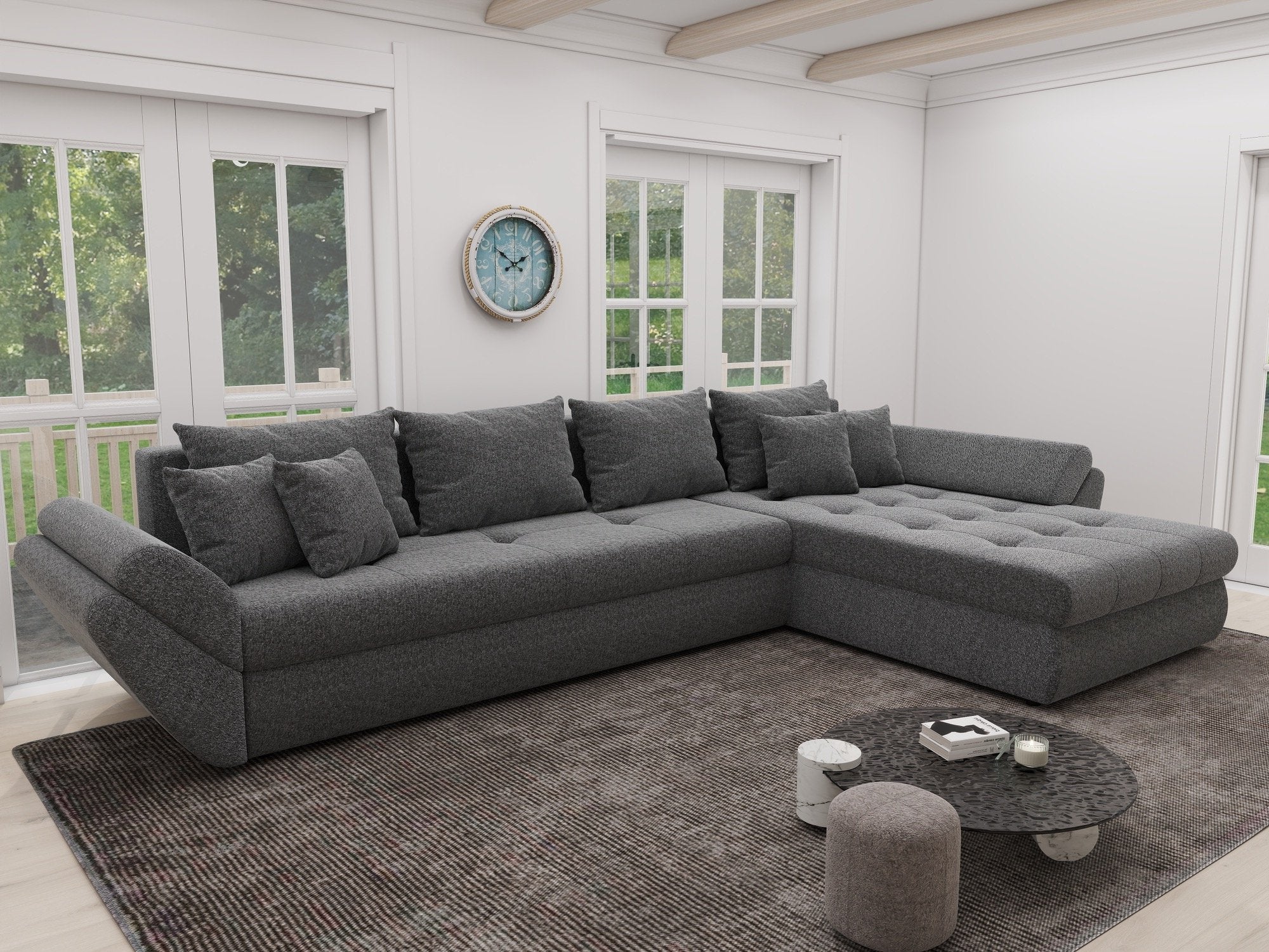 Colțar extensibil dumonde cu ladă de depozitare si sezut confortabil din spuma high-density, Loana XL Monte Gri 90 II 335x185 cm