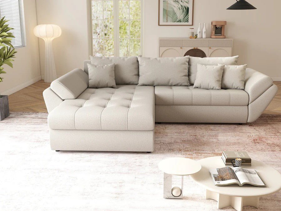 Colțar extensibil dumonde cu ladă de depozitare si sezut confortabil din spuma high-density, Loana Enjoy Bej 270x185 cm