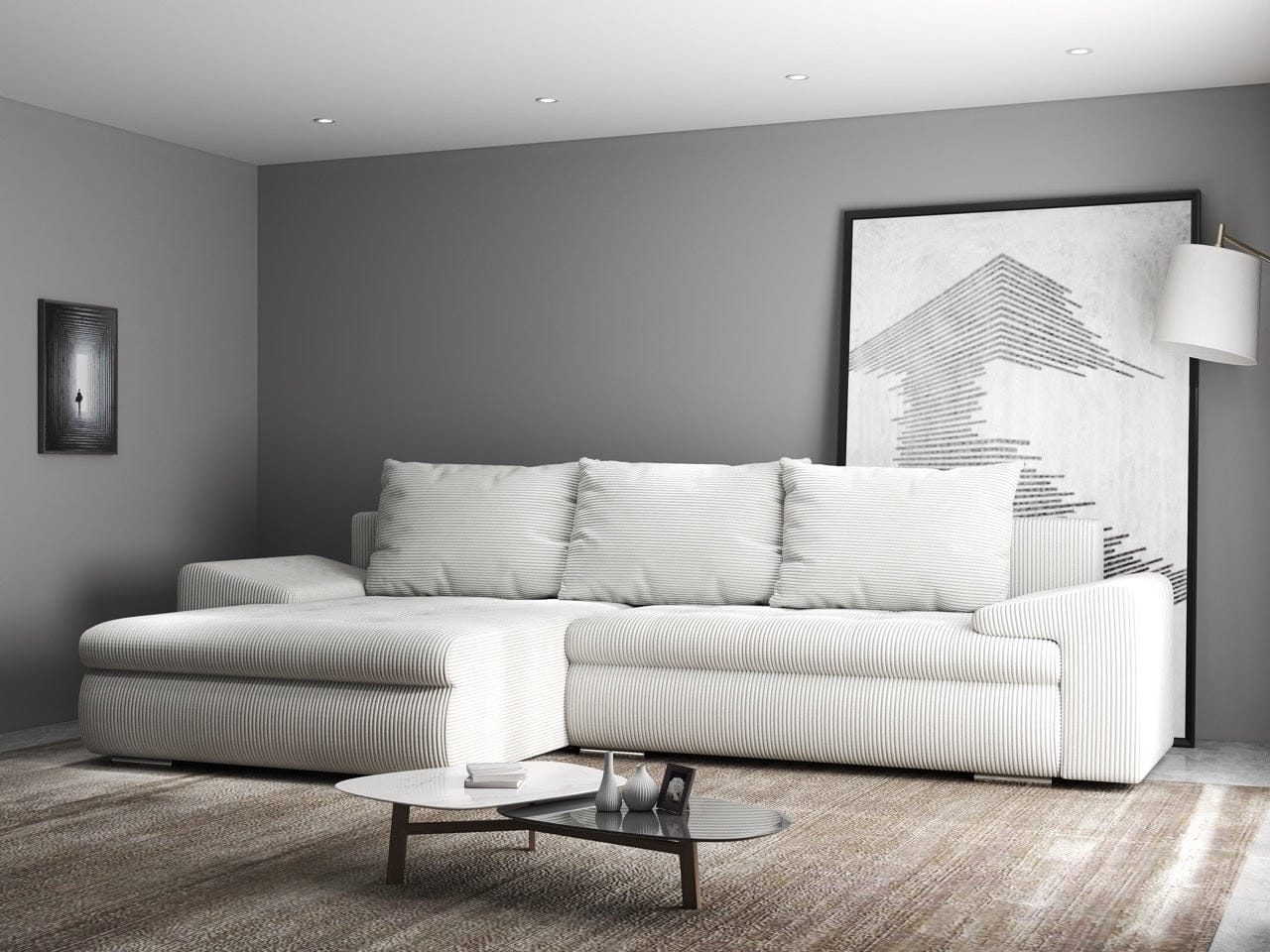 Colțar extensibil dumonde cu ladă de depozitare si sezut confortabil din spuma high-density, Leonardo Zoom Crem 260x185 cm