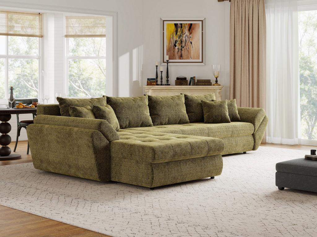 Colțar extensibil dumonde cu ladă de depozitare si sezut confortabil din spuma high-density, Loana XL Cremona Olive 335x185 cm