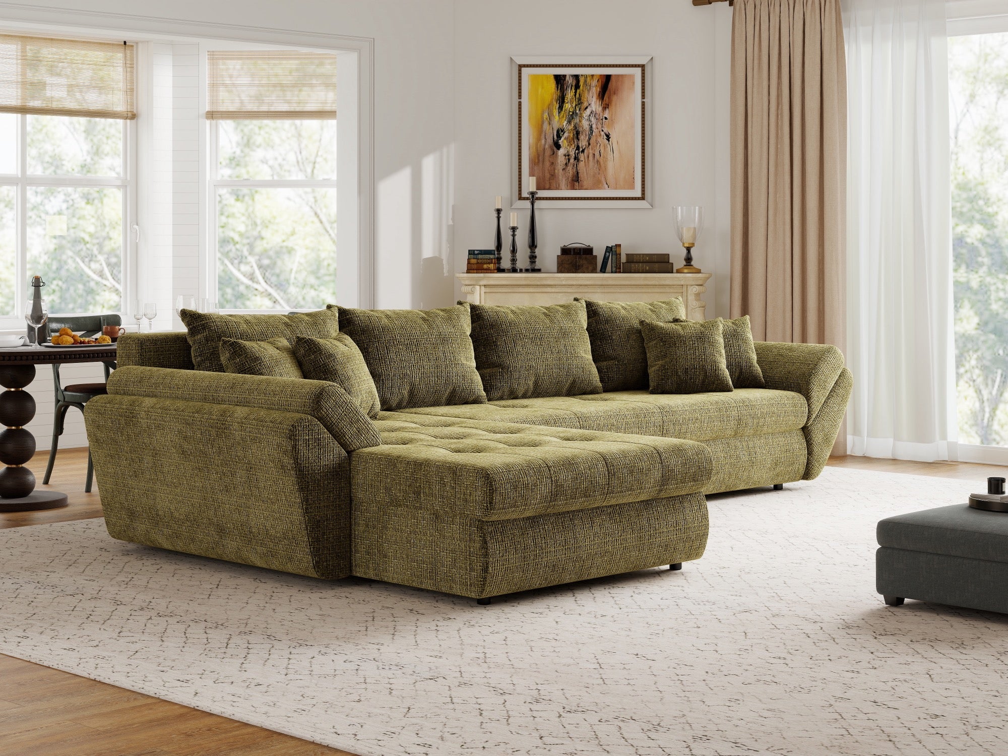 Colțar extensibil dumonde cu ladă de depozitare si sezut confortabil din spuma high-density, Loana XL Cremona Olive 335x185 cm
