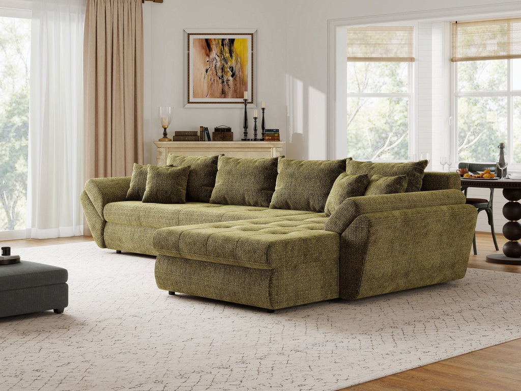 Colțar extensibil dumonde cu ladă de depozitare si sezut confortabil din spuma high-density, Loana XL Cremona Olive II 335x185 cm