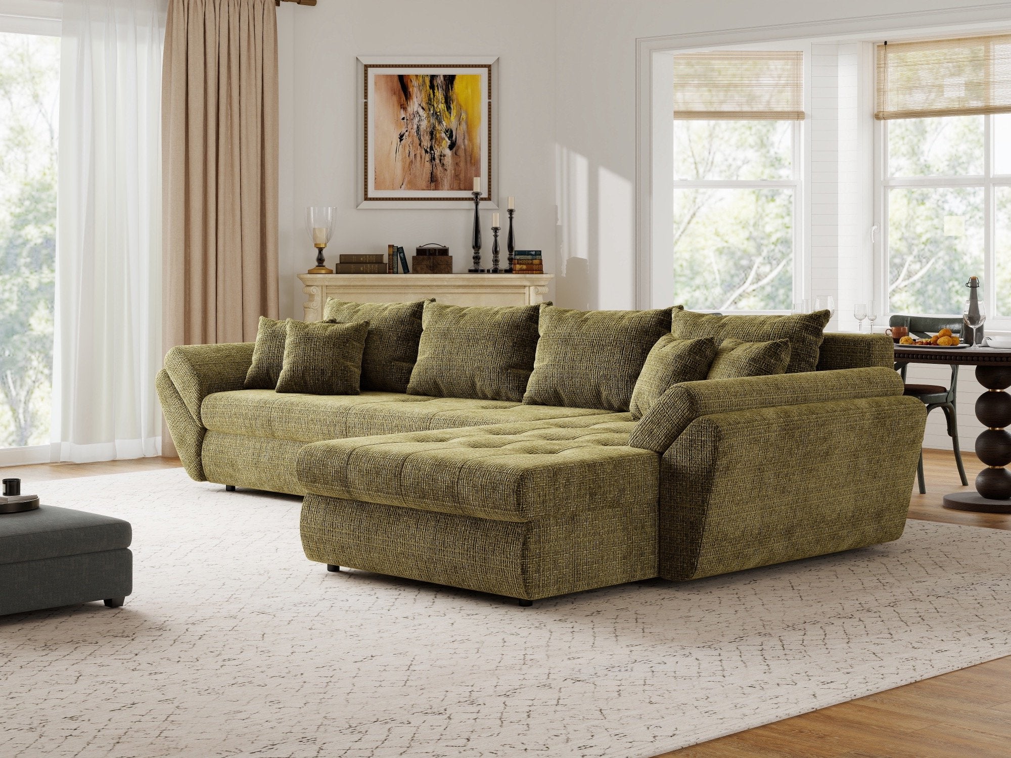 Colțar extensibil dumonde cu ladă de depozitare si sezut confortabil din spuma high-density, Loana XL Cremona Olive II 335x185 cm