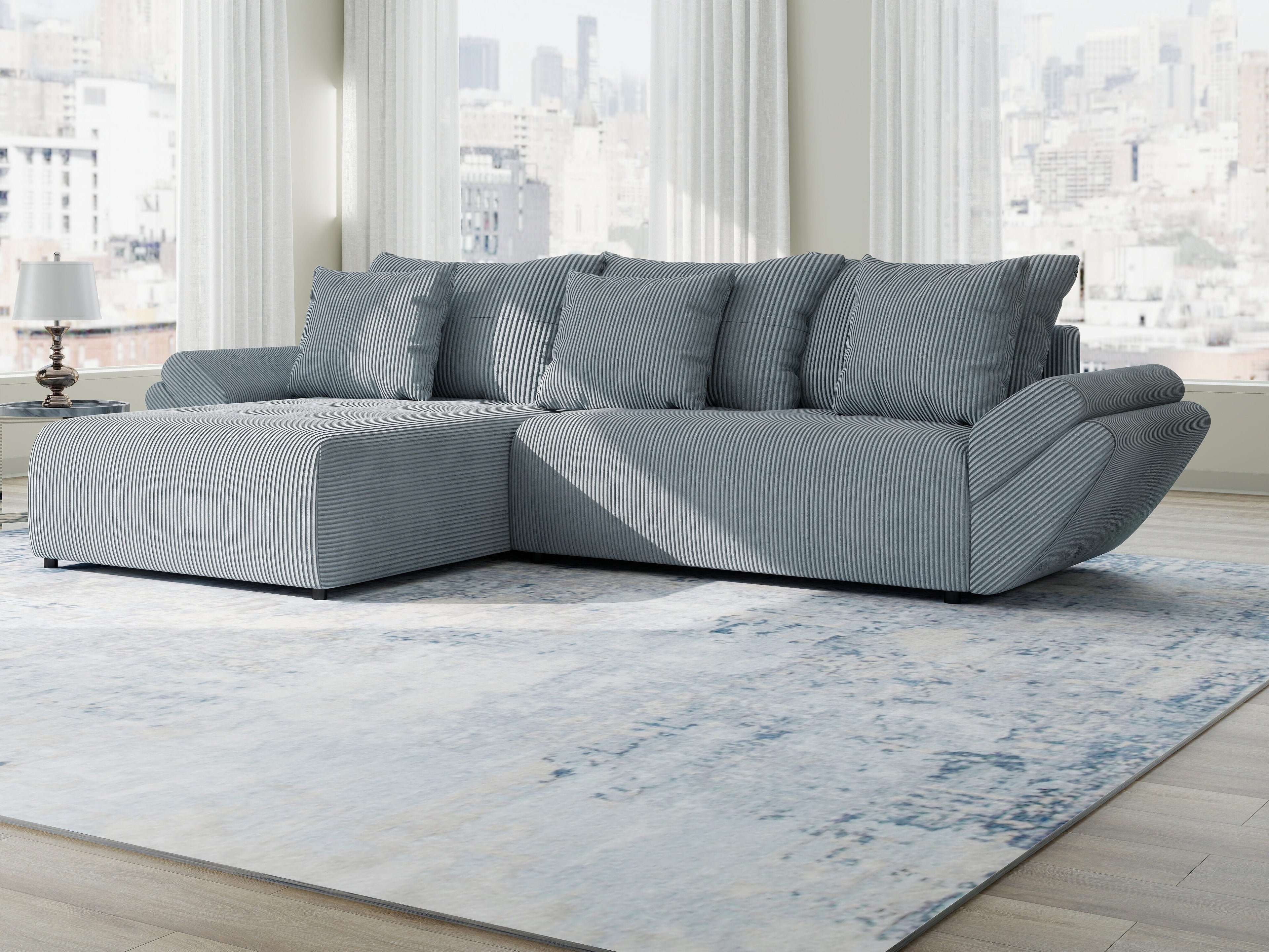 Colțar extensibil dumonde cu ladă de depozitare si sezut confortabil din spuma high-density, Berlin Zoom Gri Mint 280x185 cm