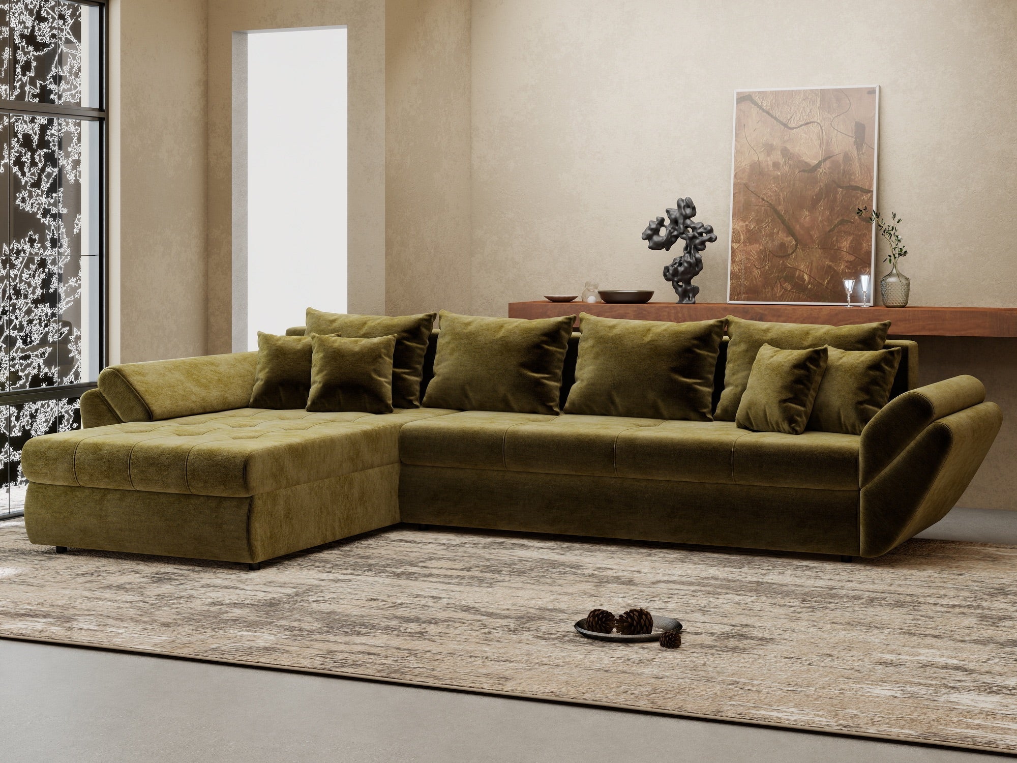 Colțar extensibil dumonde cu ladă de depozitare si sezut confortabil din spuma high-density, Loana XL Monolith Verde Olive 335x185 cm