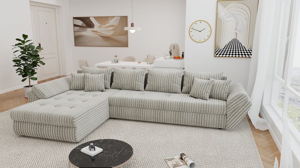 Colțar extensibil dumonde cu ladă de depozitare si sezut confortabil din spuma high-density, Loana XL Tilia Bej 08 335x185 cm
