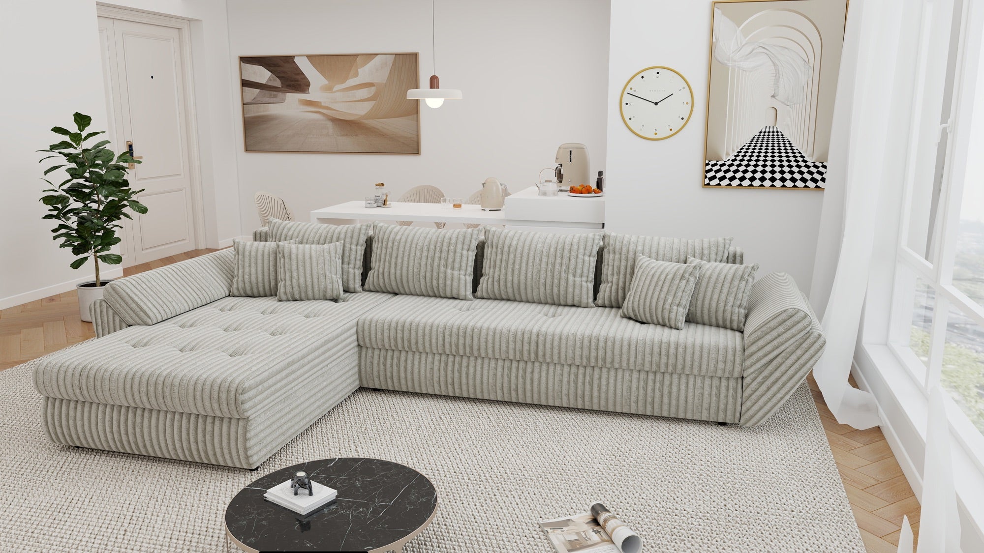 Colțar extensibil dumonde cu ladă de depozitare si sezut confortabil din spuma high-density, Loana XL Tilia Bej 08 335x185 cm