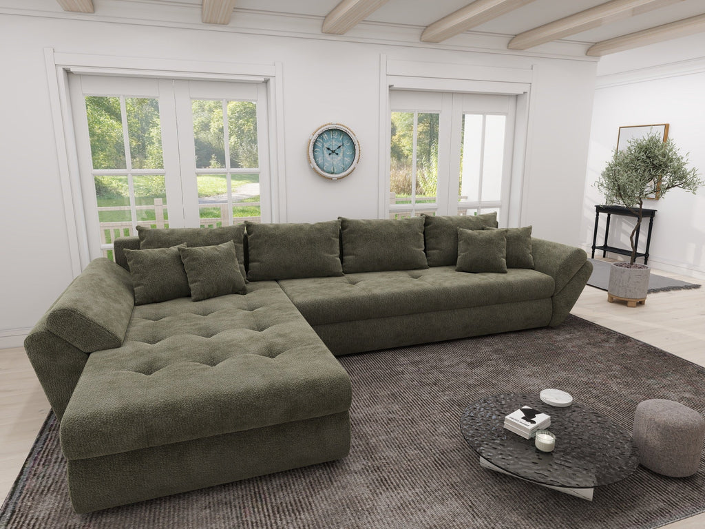 Colțar extensibil dumonde cu ladă de depozitare si sezut confortabil din spuma high-density, Loana XL Vibe Olive 335x185 cm