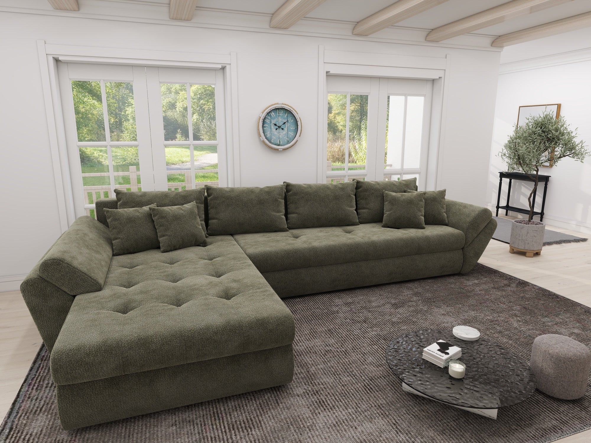 Colțar extensibil dumonde cu ladă de depozitare si sezut confortabil din spuma high-density, Loana XL Vibe Olive 335x185 cm