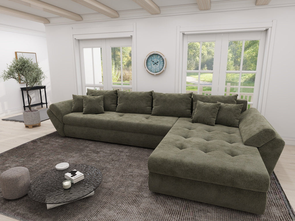 Colțar extensibil dumonde cu ladă de depozitare si sezut confortabil din spuma high-density, Loana XL Vibe Olive II 335x185 cm