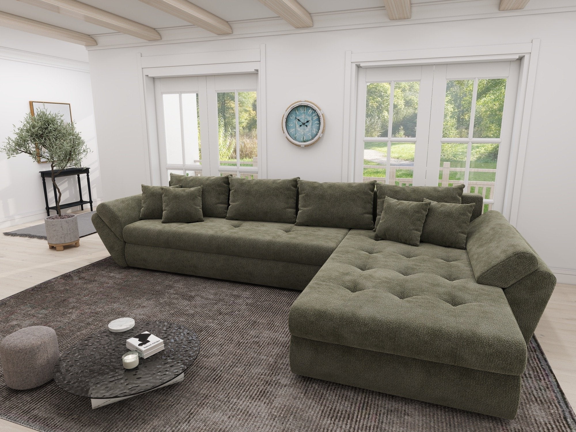 Colțar extensibil dumonde cu ladă de depozitare si sezut confortabil din spuma high-density, Loana XL Vibe Olive II 335x185 cm