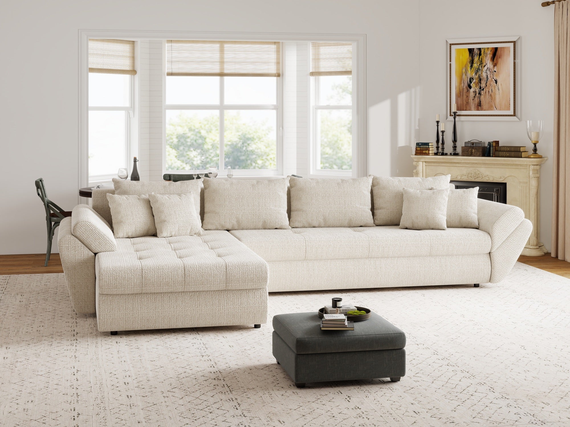 Colțar extensibil dumonde cu ladă de depozitare si sezut confortabil din spuma high-density, Loana XL Cremona Gri Deschis 335x185 cm